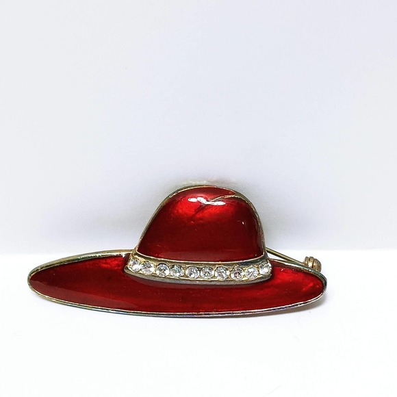 Vintage Red Hat Society Enamel Brooch 2" Red & Gold w/ Rhinestone Band Pin (jb3) - Picture 2 of 5